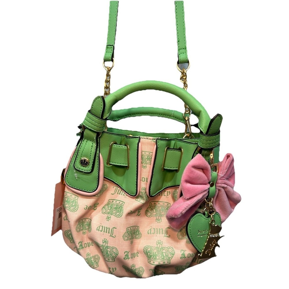 Juicy Fan Club Pink Diamond Retro Green Crossbody Crown Print Bow Charm NWT